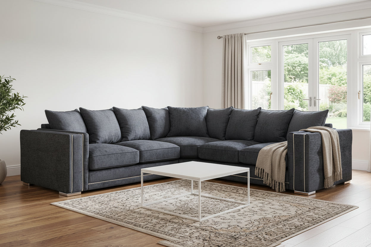Alaska Luxury Fabric Corner Sofa - Charcoal Grey with Stud Detailing