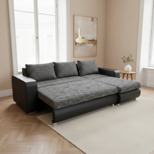 Berlin Luxury Fabric Corner Sofa Bed with Under-Seat Storage - Charcoal Grey