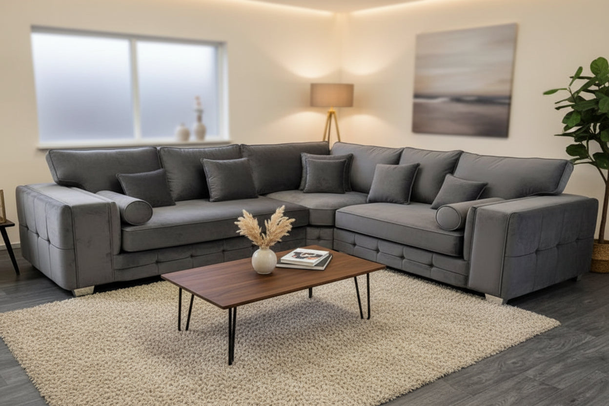 Madrid Luxury Corner Sofa - Cubed Design in Steel Plush Fabric