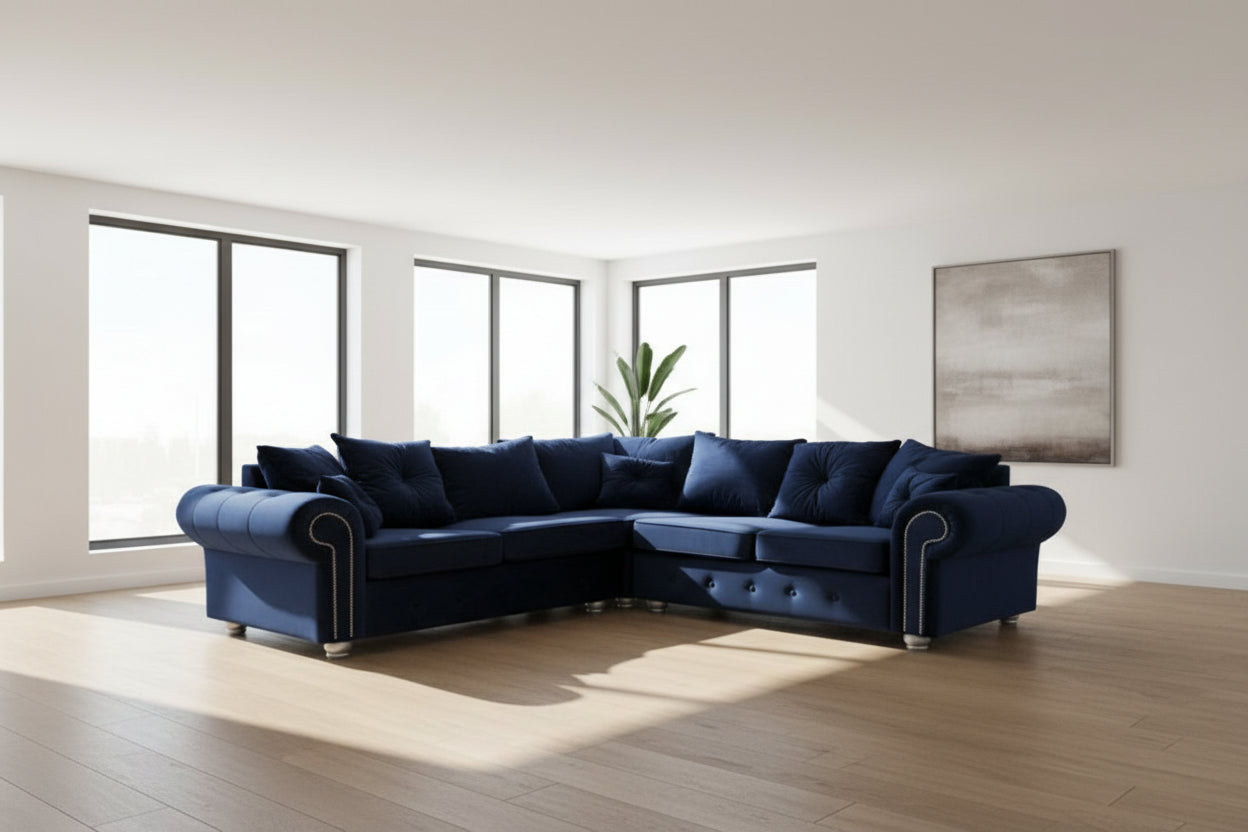 Ashwin Luxury Plush Velvet Corner Sofa - Navy Blue