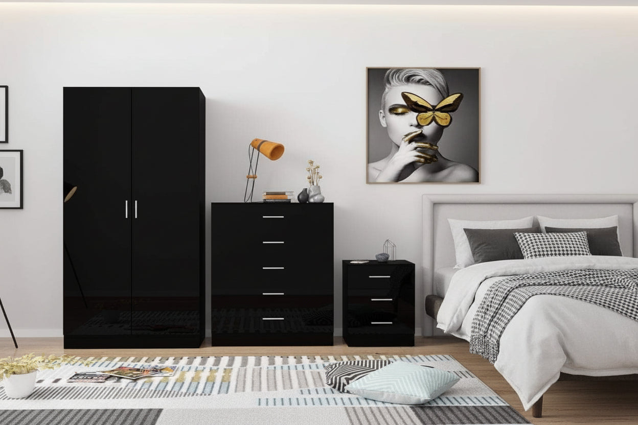 Black Gloss Bedroom Trio Set: 2-Door Wardrobe, 5-Drawer Chest, and Bedside Table