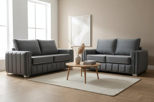 Alaska Luxury 3+2 Seater Sofa Set - Charcoal Grey Fabric with Stud Detailing