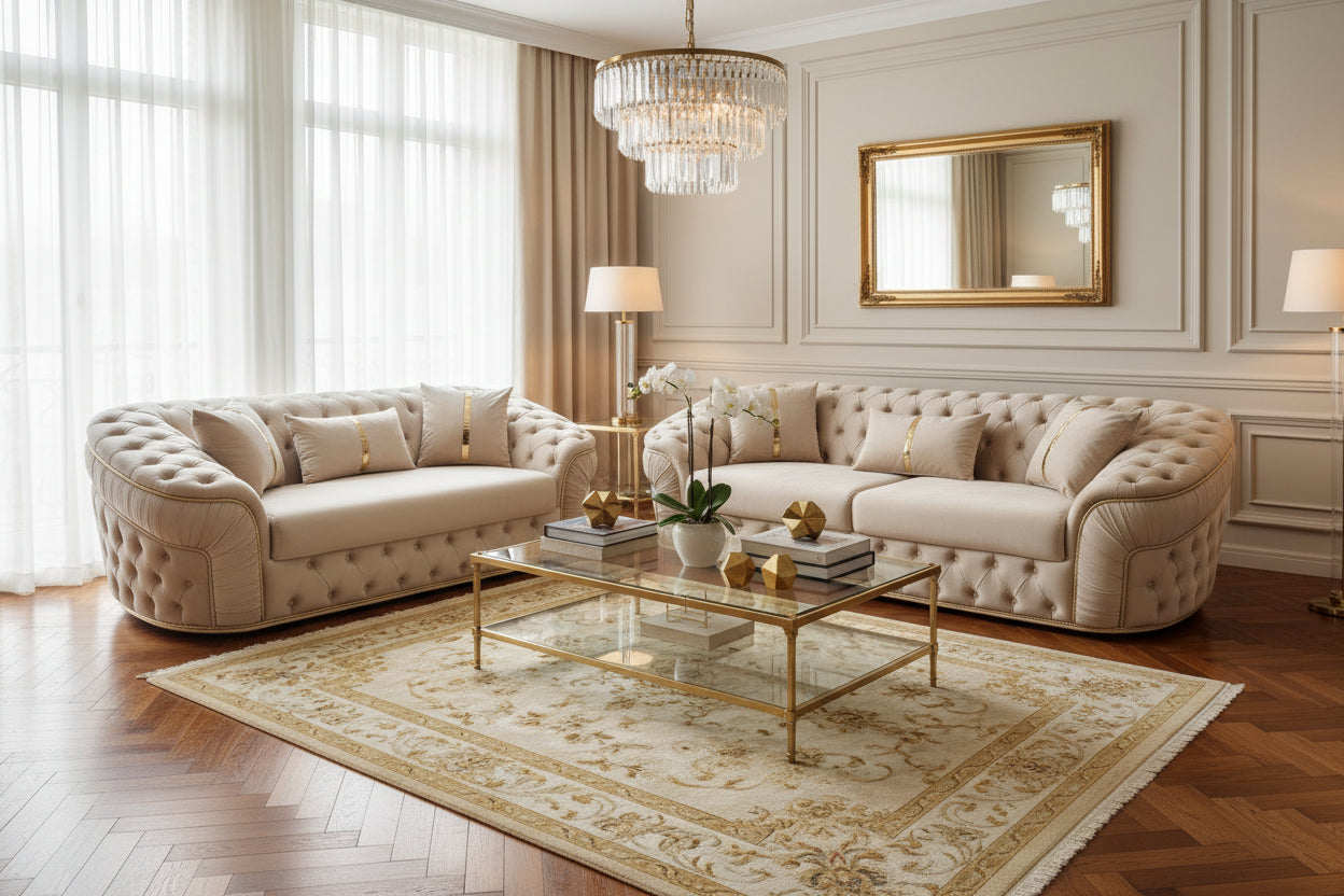 Ambassador Luxury Chesterfield Sofa Set – Plush Velvet with Gold Trim Detailing