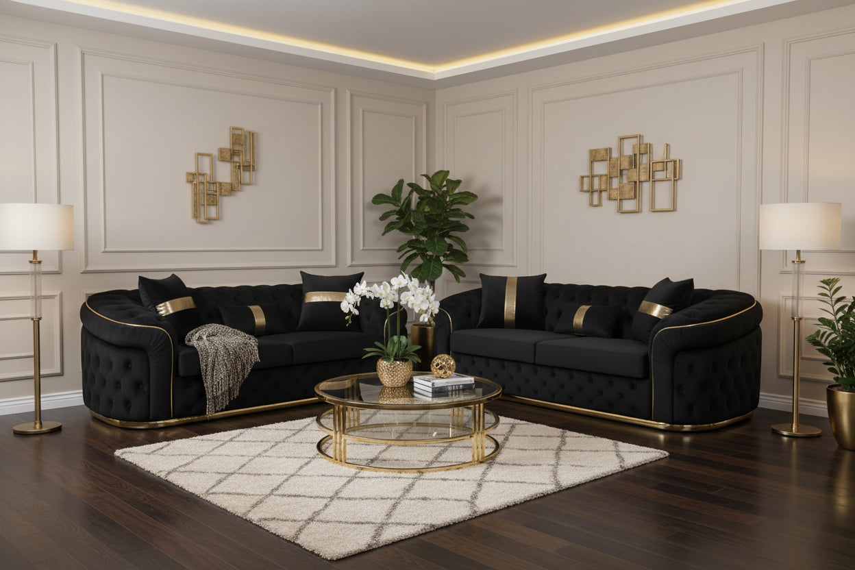 Ambassador Luxury Chesterfield Sofa Set – Plush Velvet with Gold Trim Detailing