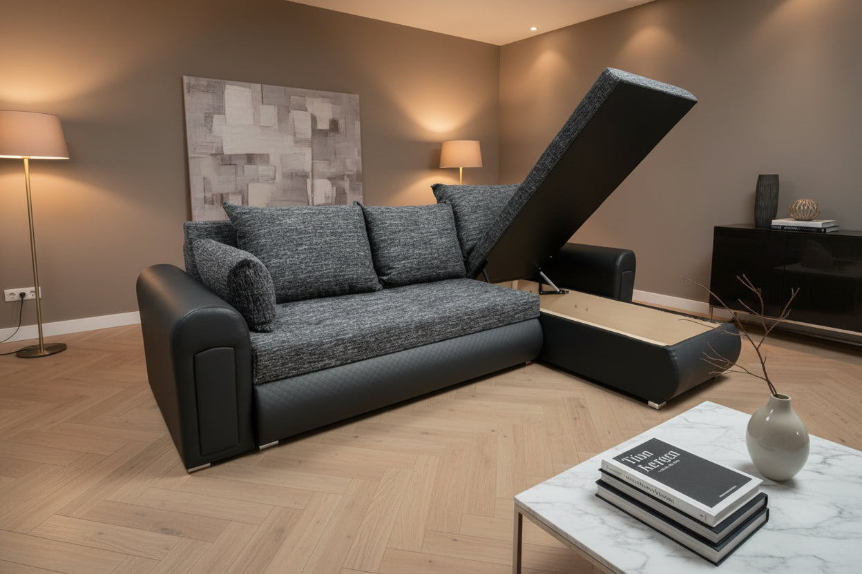 Berlin Luxury Fabric Corner Sofa Bed with Under-Seat Storage - Charcoal Grey