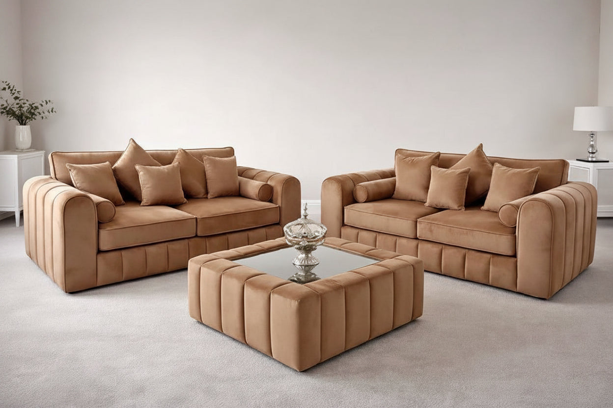 Lilly Scandi Luxury Velvet 3+2 Seater Sofa Set – Midnight Teal & Earth Tones