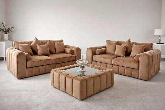 Lilly Scandi Luxury Velvet 3+2 Seater Sofa Set – Midnight Teal & Earth Tones