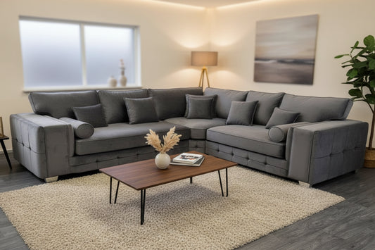 Madrid Luxury Corner Sofa - Cubed Design in Steel Plush Fabric