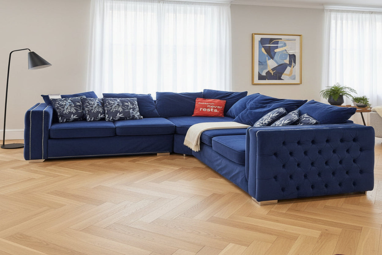 Maya Royal Blue Velvet Corner Sofa – L-Shaped Chesterfield Sectional