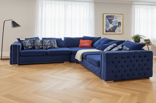 Maya Royal Blue Velvet Corner Sofa – L-Shaped Chesterfield Sectional