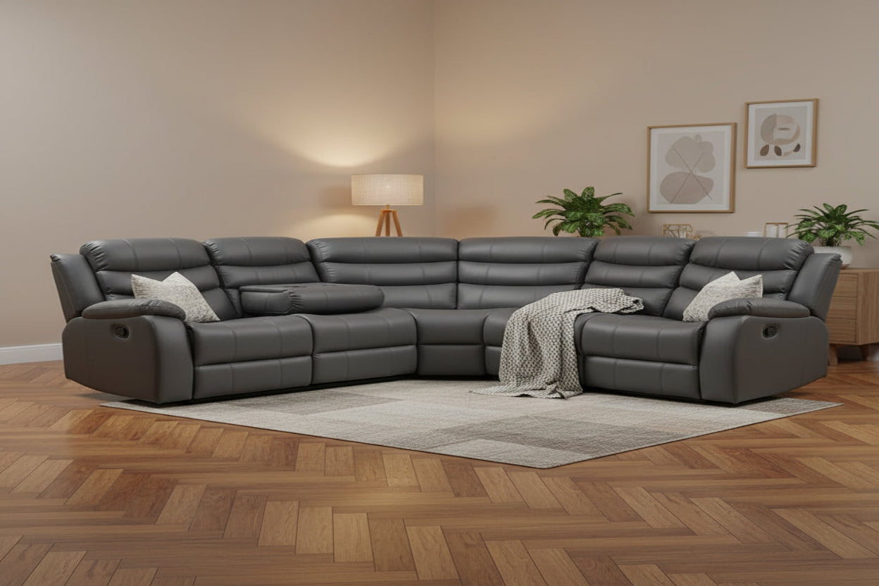 Roma Luxury Recliner Corner Sofa - Grey with Built-in Cup Holders