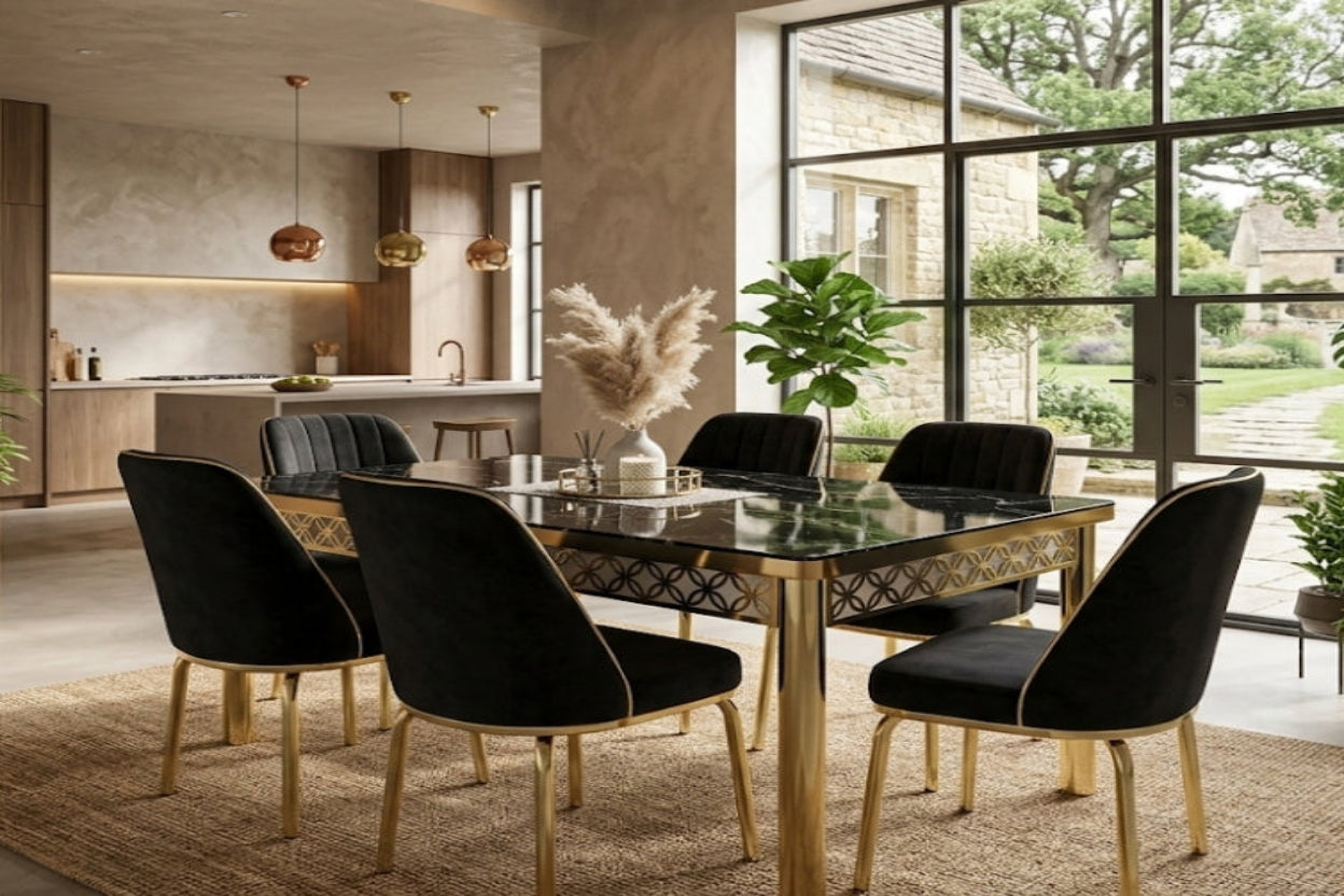 Luxury Black Marble Effect Dining Table with 6 Velvet Chairs