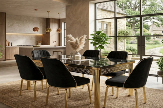 Luxury Black Marble Effect Dining Table with 6 Velvet Chairs